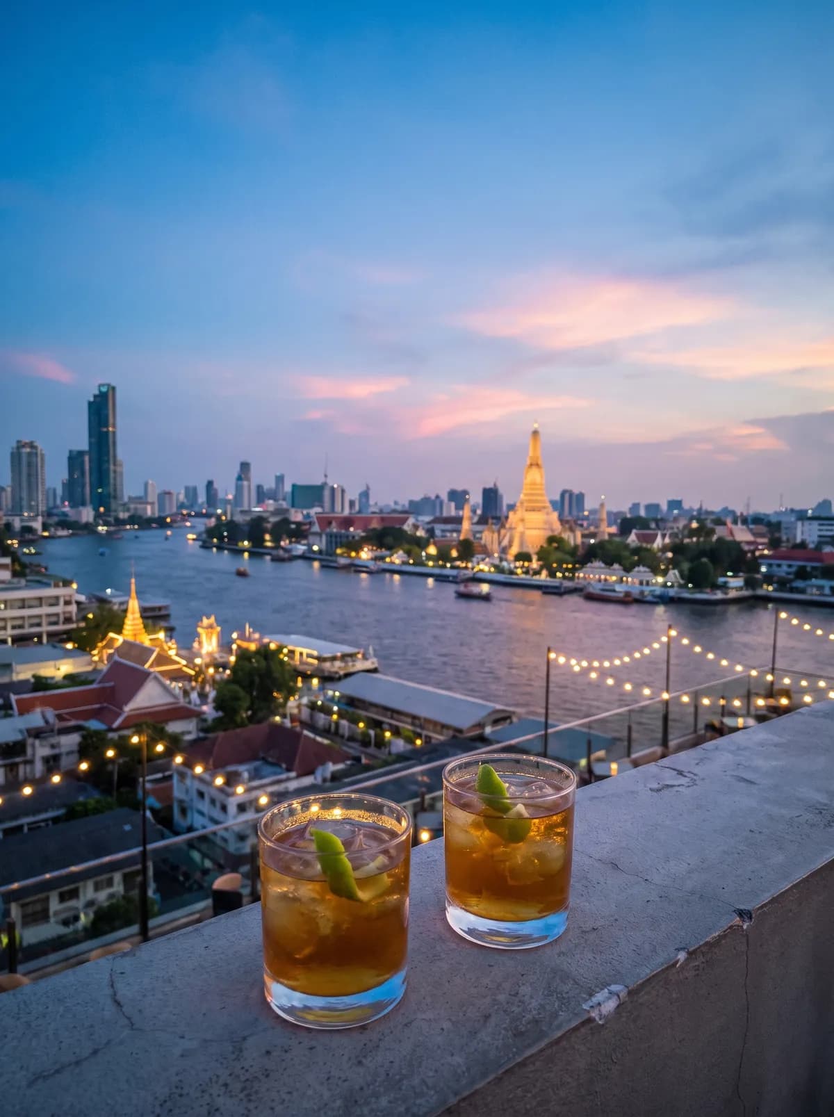Bangkok skyline and the Chao Phraya river at blue hour from a rooftop