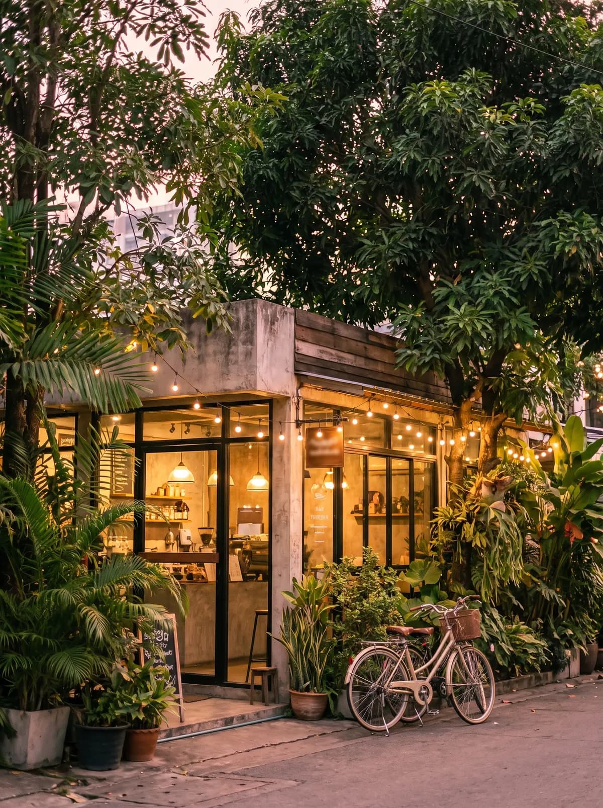 A leafy Nimman lane in Chiang Mai at dusk with cafe lights