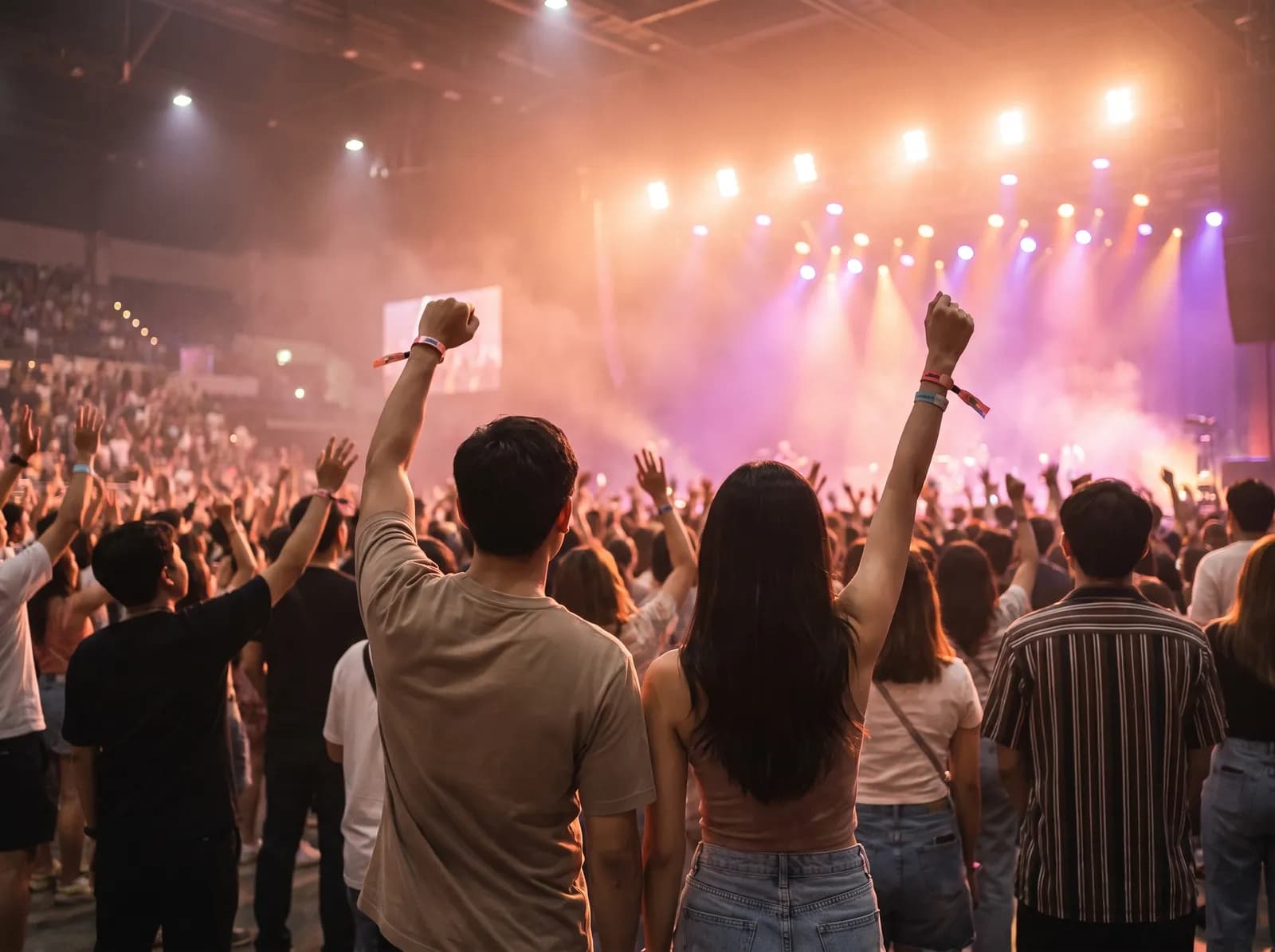 Two friends with their arms up in a concert crowd in Bangkok