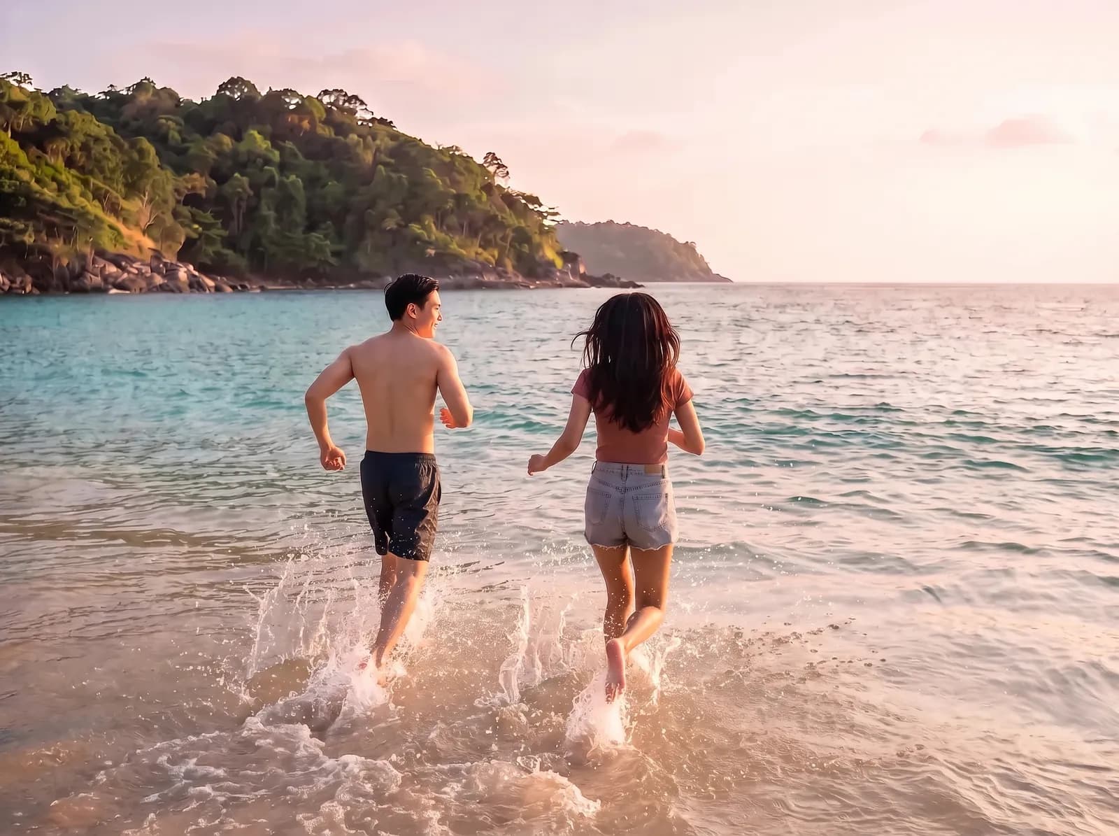 Two friends running into turquoise water on a quiet Phuket beach