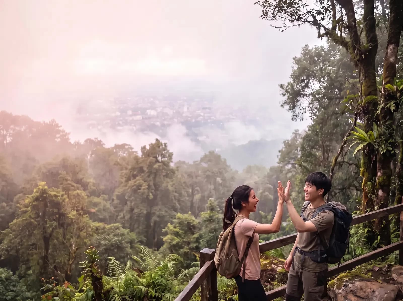 Two friends high-fiving at a misty viewpoint on Doi Suthep after a hike