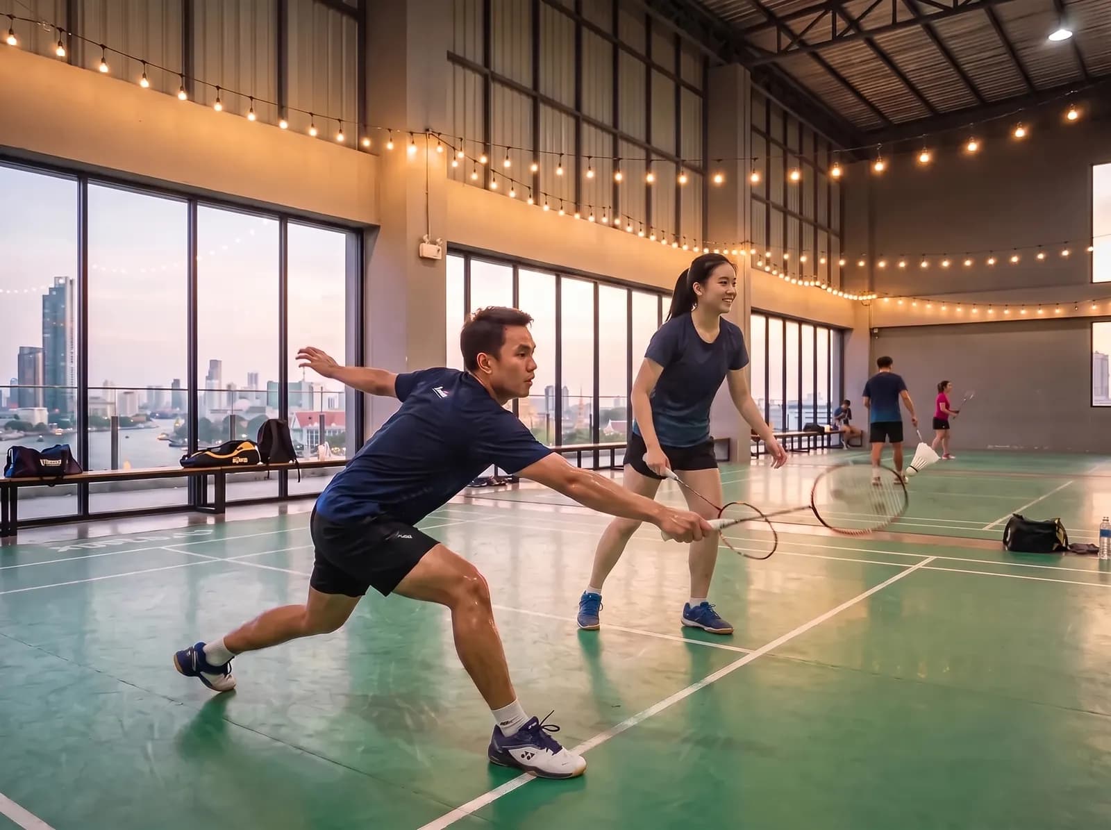 Two friends playing badminton at an indoor court in Bangkok
