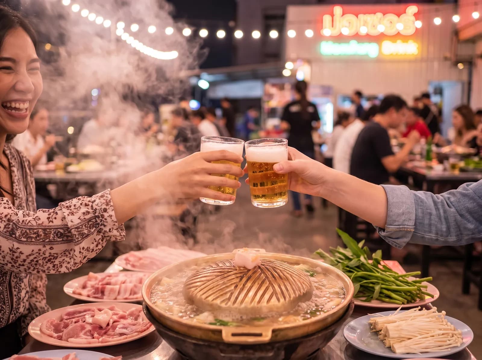 Two friends clinking beers over a mookata grill in Bangkok
