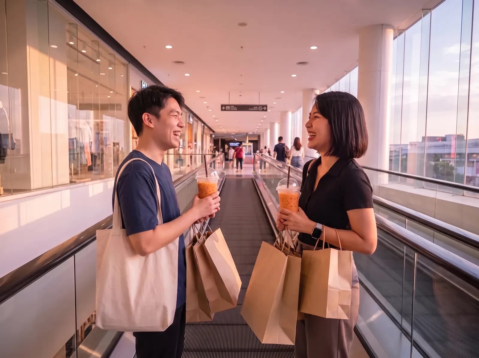 A Thai friend and a visitor with shopping bags and milk tea in a Bangkok mall