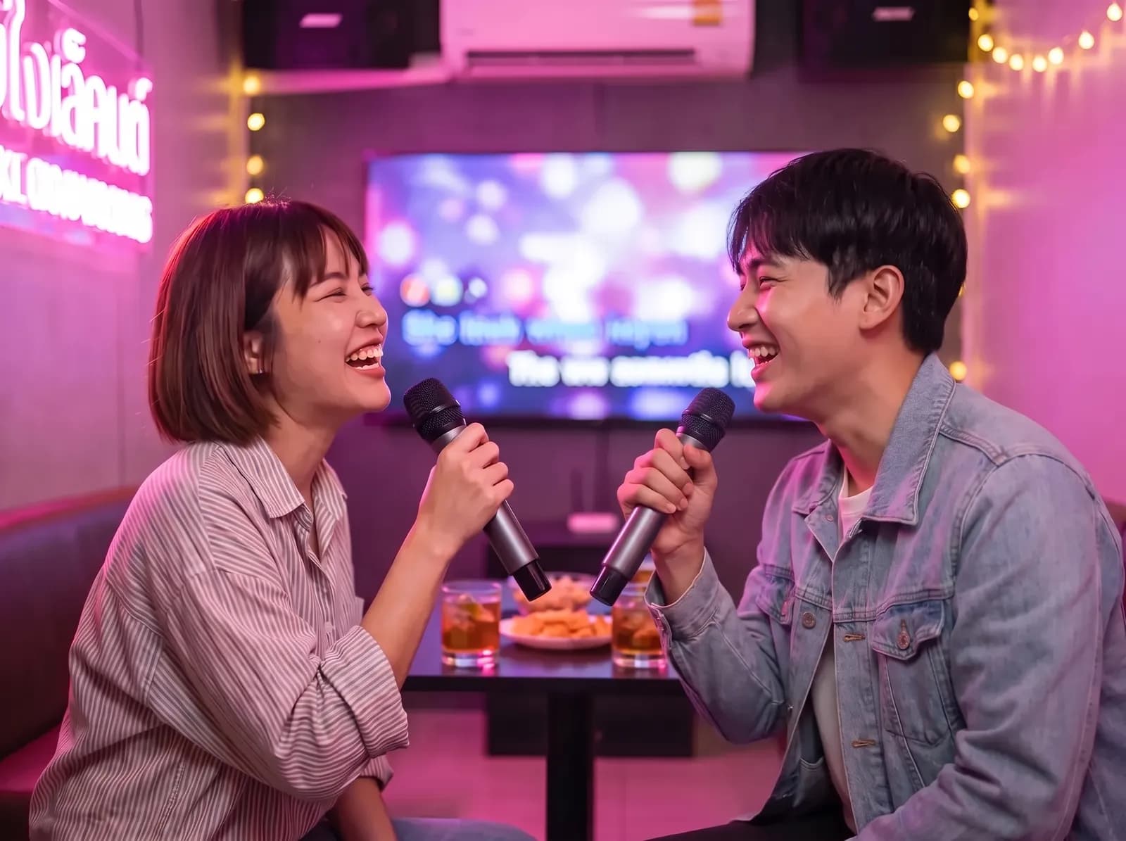 Two friends singing in a pink-lit karaoke room