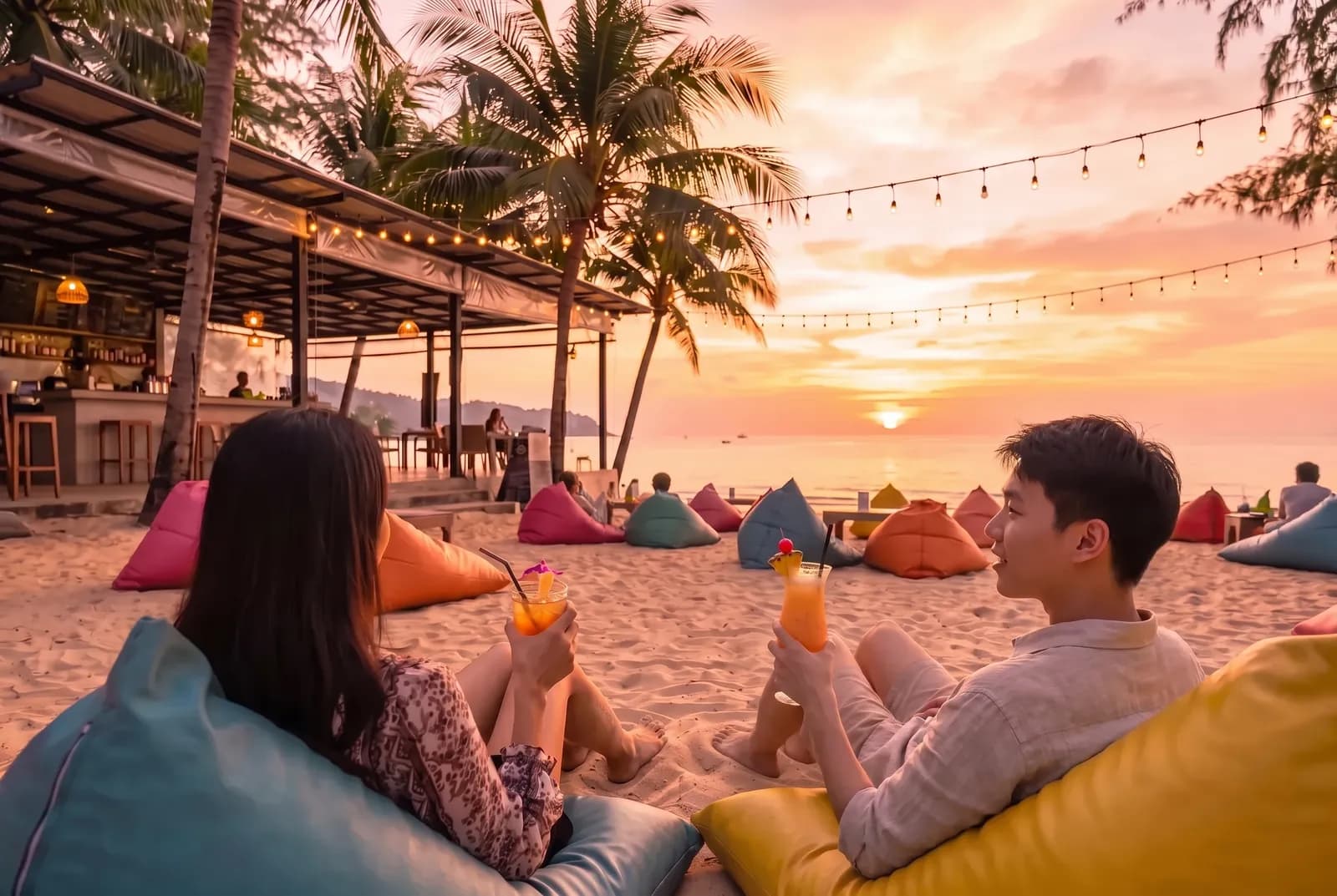 Two friends with drinks at a Kata Beach bar at sunset