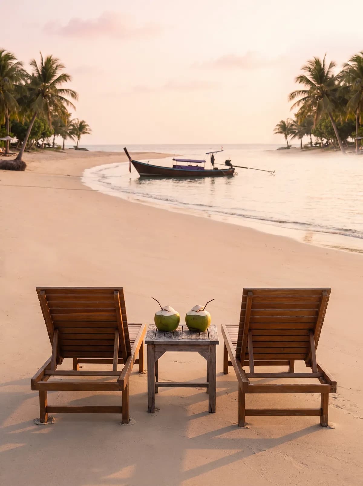 Two beach chairs and two coconuts on a Phuket beach at golden hour