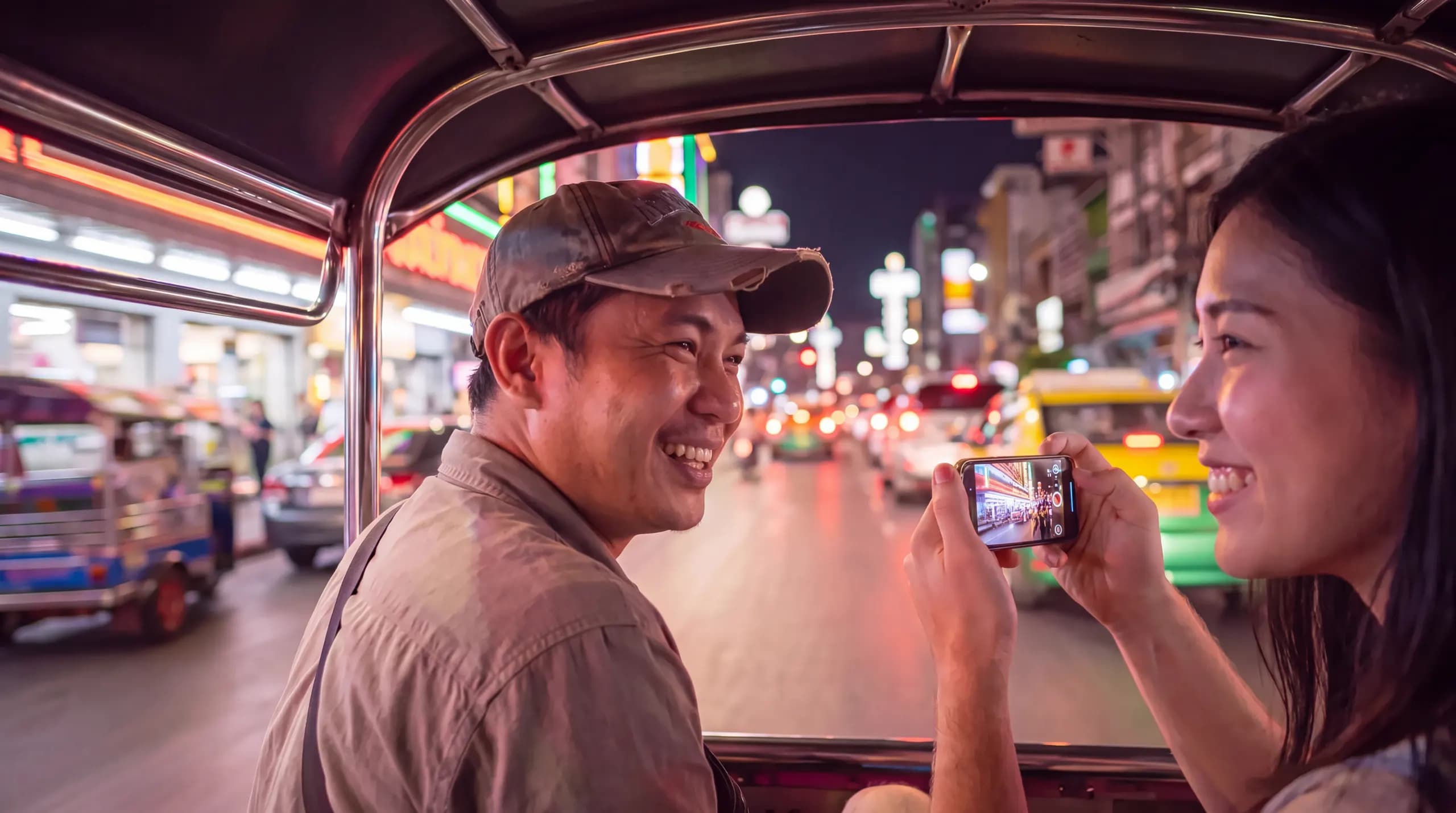 Friends laughing on a tuk-tuk ride through Bangkok at night