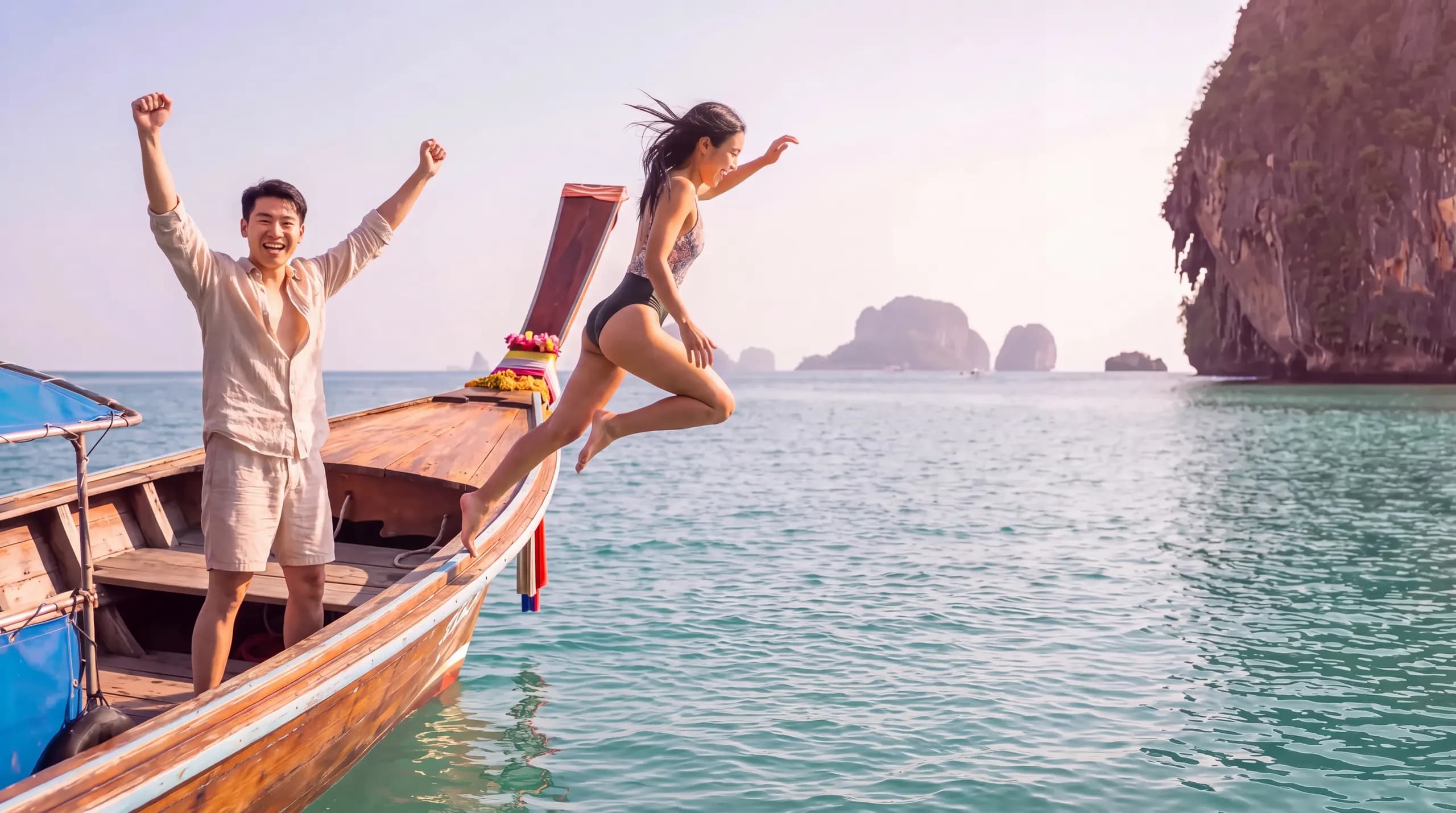 A friend jumping off a longtail boat into the sea off Phuket while the other cheers