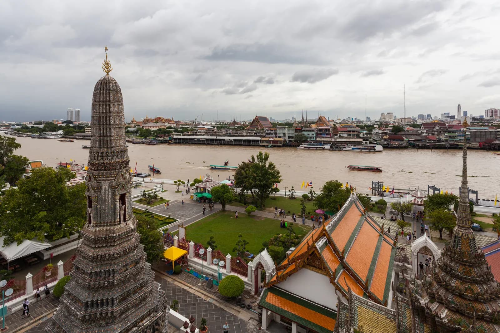 The Chao Phraya River and the Tha Tien bank seen from the central tower of Wat Arun
