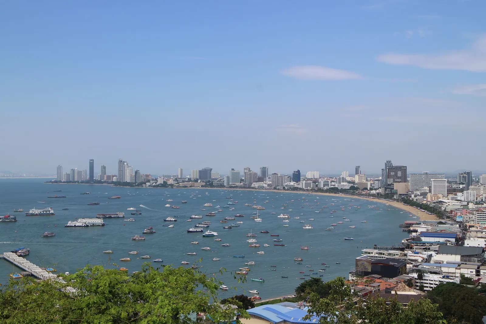 อ่าวพัทยาที่มีเรือจอดเต็มอ่าว มองจากแนวต้นไม้บนเขาพระตำหนัก เห็นชายหาดกับตึกสูงโค้งไปตามอ่าว