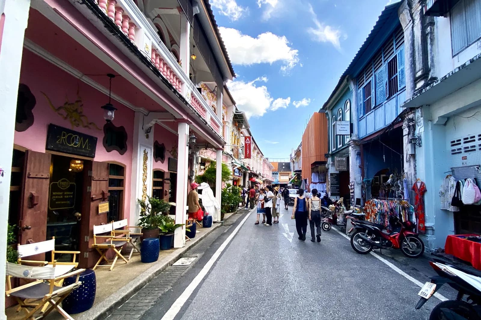 Pastel Sino-Portuguese shophouses along Soi Romanee in Phuket Old Town, looking towards Thalang Road