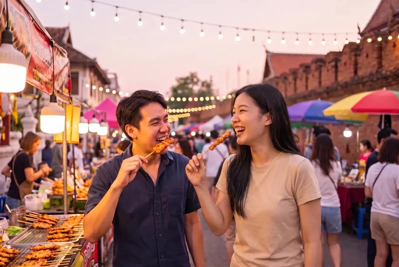 Two friends trying grilled snacks at the Chiang Mai Sunday night market