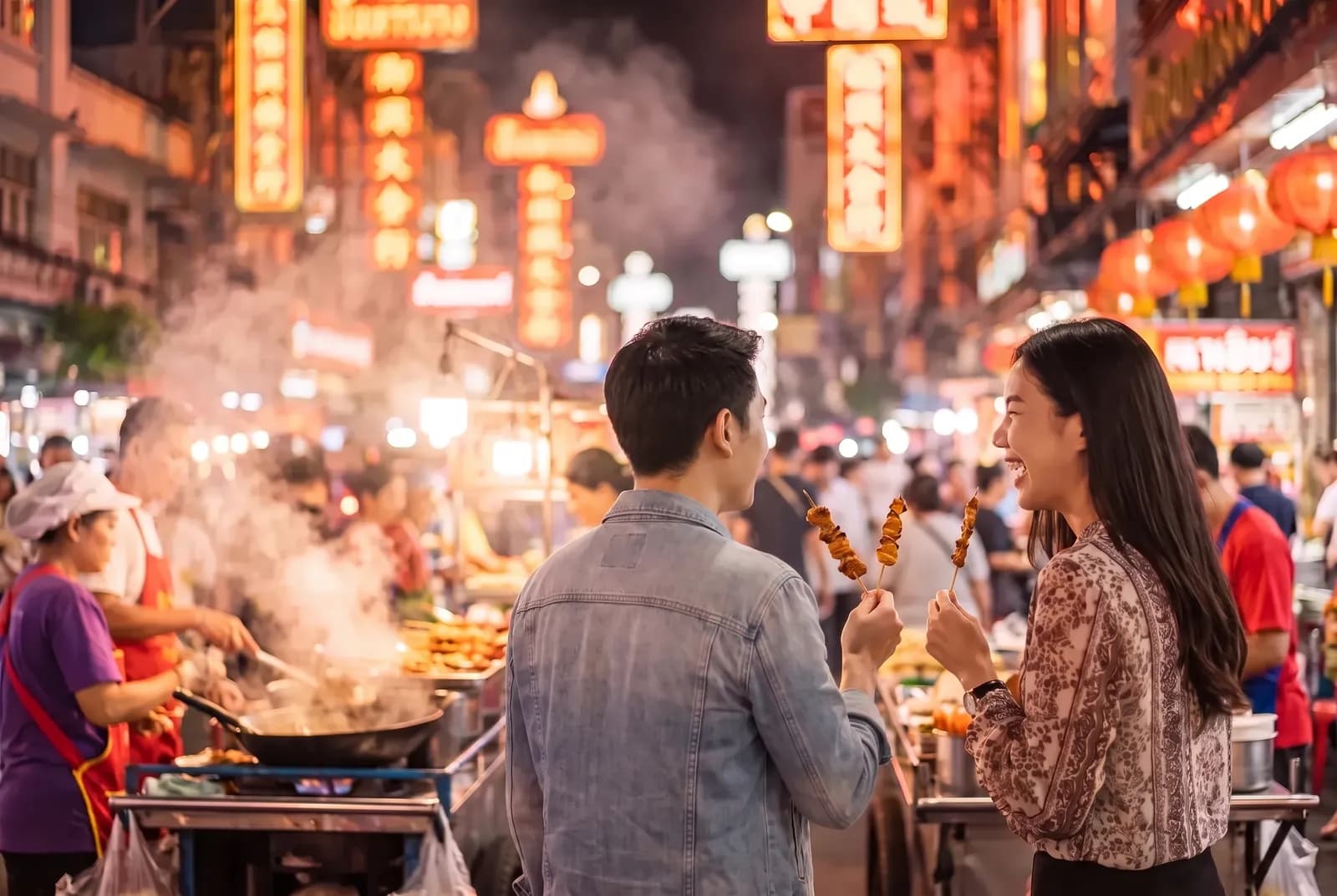 两个朋友夜晚在曼谷耀华力路分享烤串