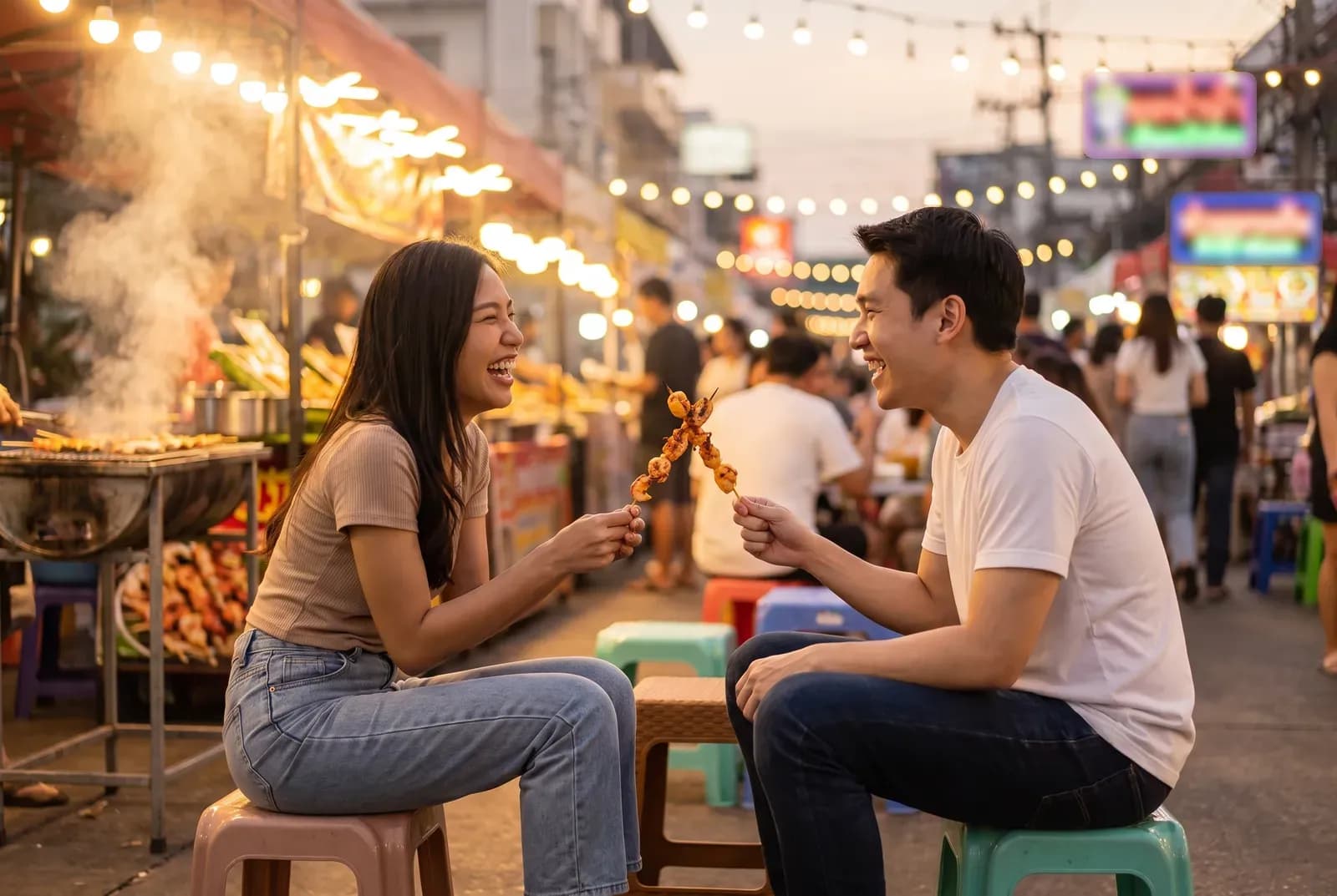 Two friends sharing grilled seafood at Thepprasit Night Market in Pattaya