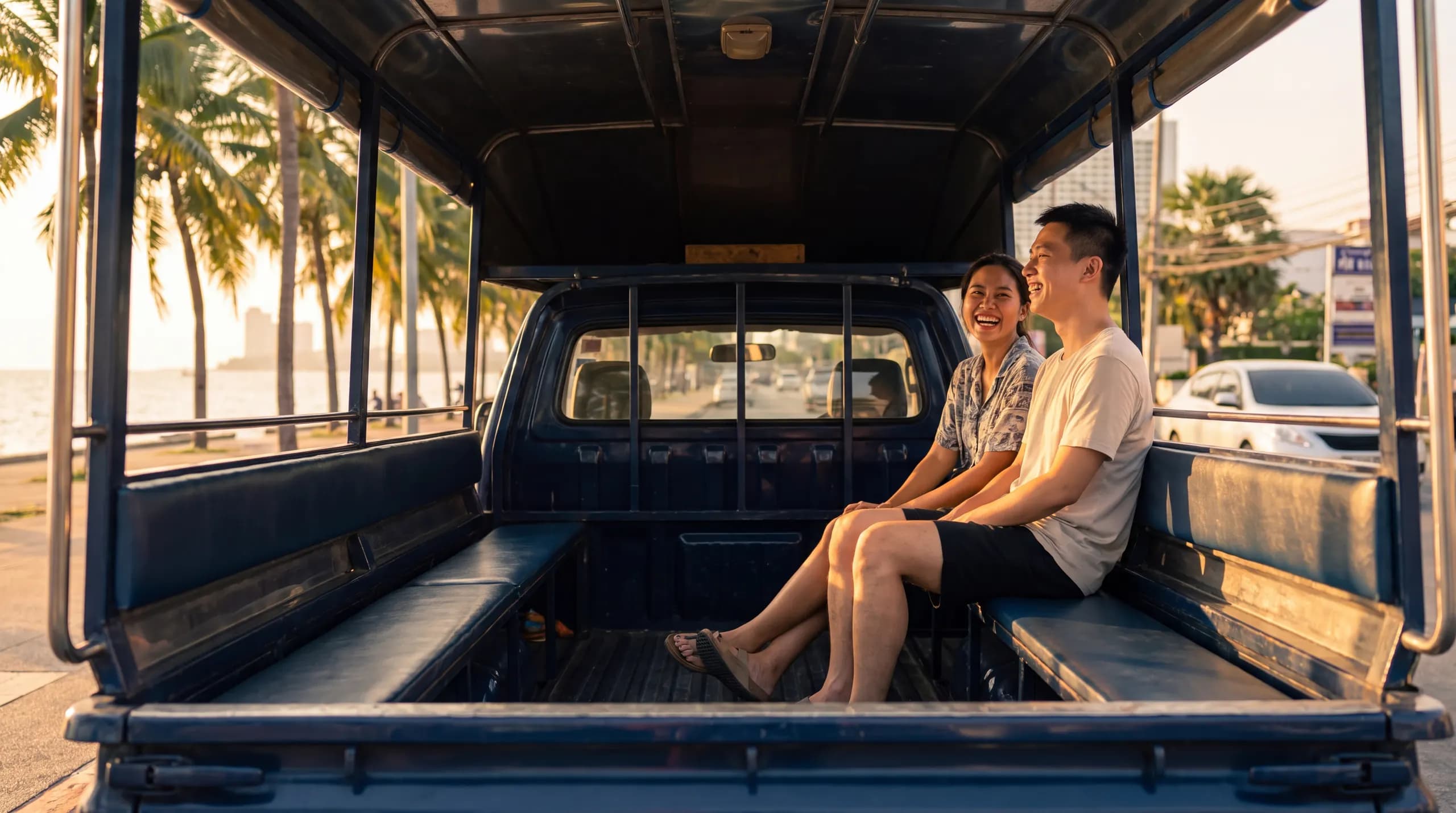 Two friends laughing in the back of a songthaew on Pattaya Beach Road