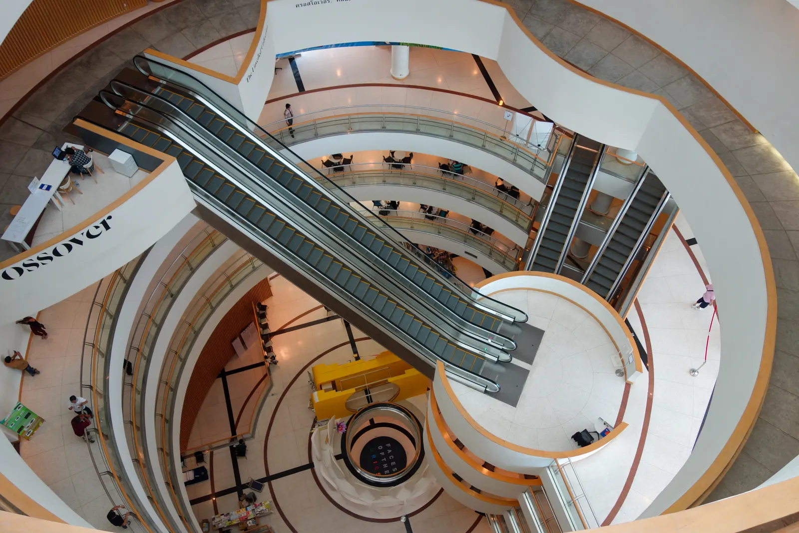 The round atrium and escalators of the Bangkok Art and Culture Centre, seen from above
