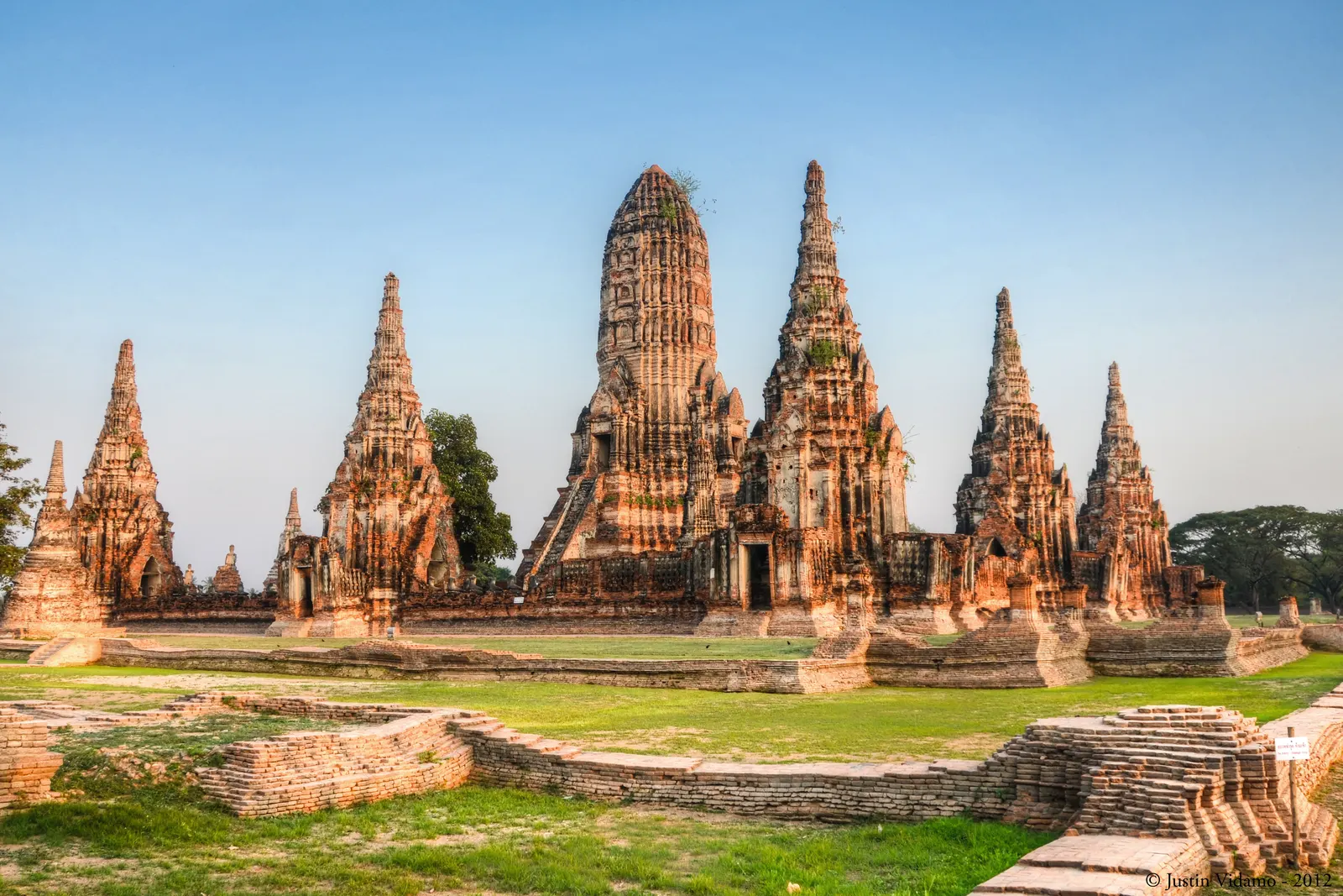 The brick towers of Wat Chaiwatthanaram in Ayutthaya in late afternoon light