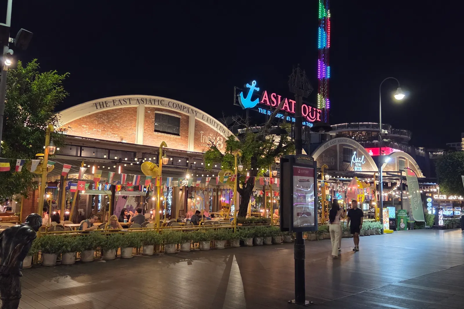 Restaurants under the old East Asiatic Company warehouse at Asiatique The Riverfront at night