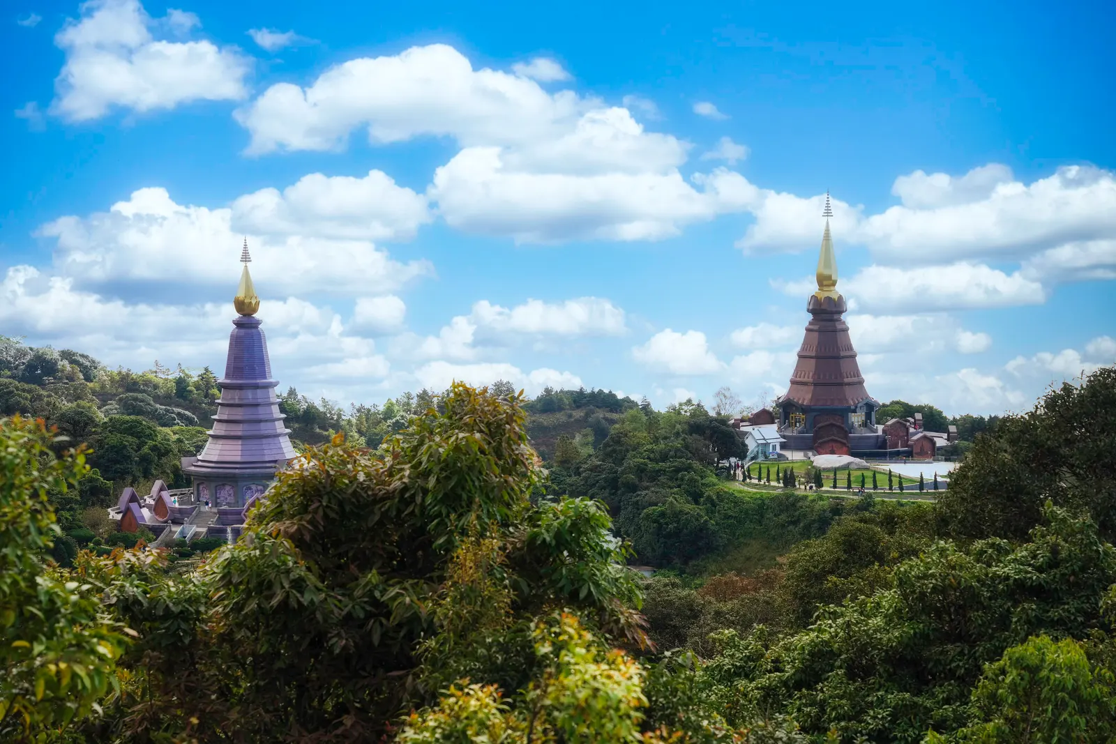 The twin royal pagodas near the summit of Doi Inthanon, rising out of the forest