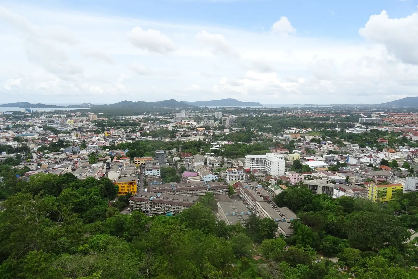 Phuket Town's rooftops and the bay beyond, seen over the trees from Khao Rang